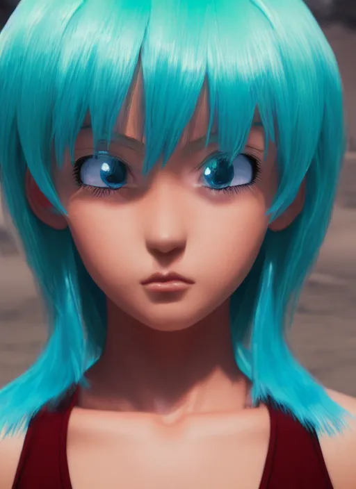 Prompt: portrait of bulma with turquoise hair, big brown eyes, and a blue dress, intricate jewelry, genshin impact, realistic anime, sharp focus, octane render, trending on artstation, 8k