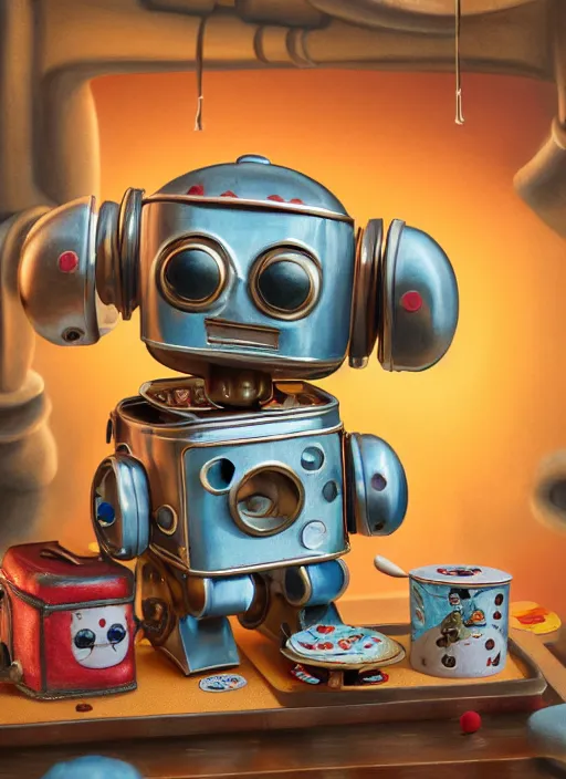 Image similar to highly detailed closeup portrait of a cute tin toy retro robot eating cakes, nicoletta ceccoli, mark ryden, lostfish, earl nore, hyung tae, frank frazetta, global illumination, god rays, detailed and intricate environment