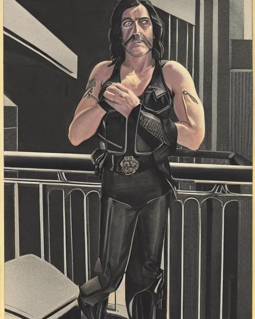 Image similar to rhett sarlin leaning against the rail on a balcony on coruscant, very long black hair brought back into a ponytail, black leather vest, portrait by ralph mcquarrie