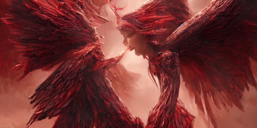 Prompt: ultra realistic, beautiful winged angel kissing gorgeous red devil, angel& devil, epic battle, sci-fi, fantasy, mythical, intricate, elegant, highly detailed, digital painting, octane render, substance painter, zbrush, artstation, concept art, smooth, sharp focus, eerie, illustration, 8k, HD, art by artgerm and greg rutkowski and raphael