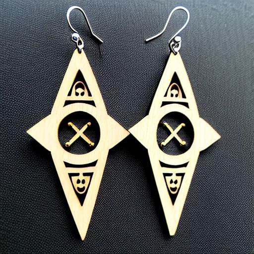 Image similar to 2 d wood lasercut earrings, mystical symbols, 8 k, hd, trending on amazon on artstation, trending on deviantart, trending on etsy, epic digital art