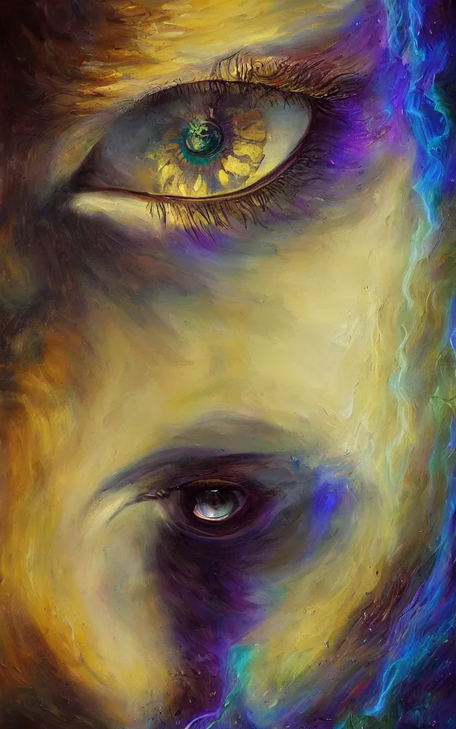 Image similar to iridescent spirit of wrath and fear cruel beautiful spirit with golden eyes lunar mythos ambient fog, award winning oil painting, lunar color palette