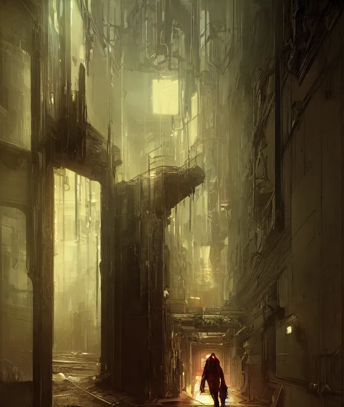 Image similar to a highly detailed epic cinematic concept art cg render digital painting artwork of a dark hallway, at the end there is a mysterious door with a neonsign by greg rutkowski, in the style of francis bacon and syd mead and norman rockwell and beksinski