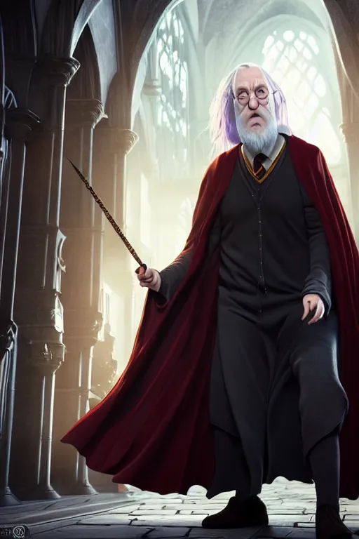 Image similar to harry potter is dumbledore, concept art by senior character artist, cgsociety, photorealism, rendered in unreal engine, official art, cold hue's