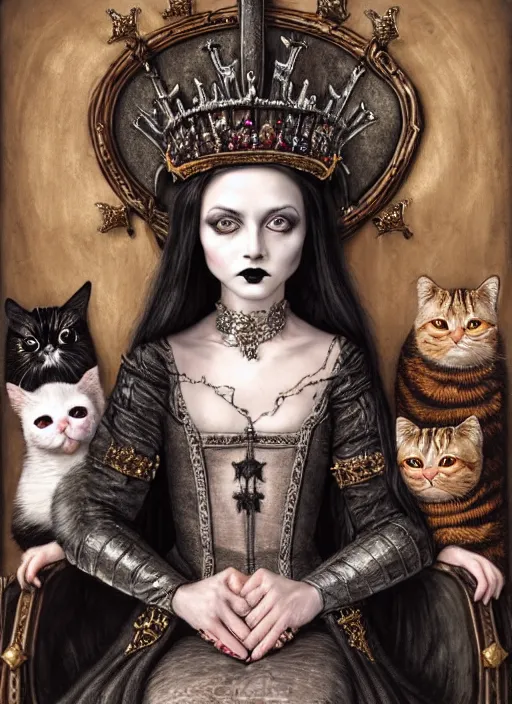 Prompt: highly detailed closeup portrait of a goth medieval queen wearing a crown and sitting on a throne, surrounded by cute cats, unreal engine, nicoletta ceccoli, mark ryden, earl norem, lostfish, global illumination, god rays, detailed and intricate environment