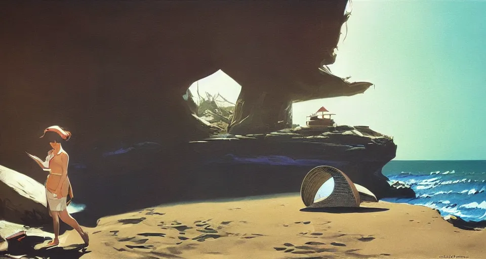 Image similar to a hermit girl outside her seashell home, atmospheric cinematography by syd mead