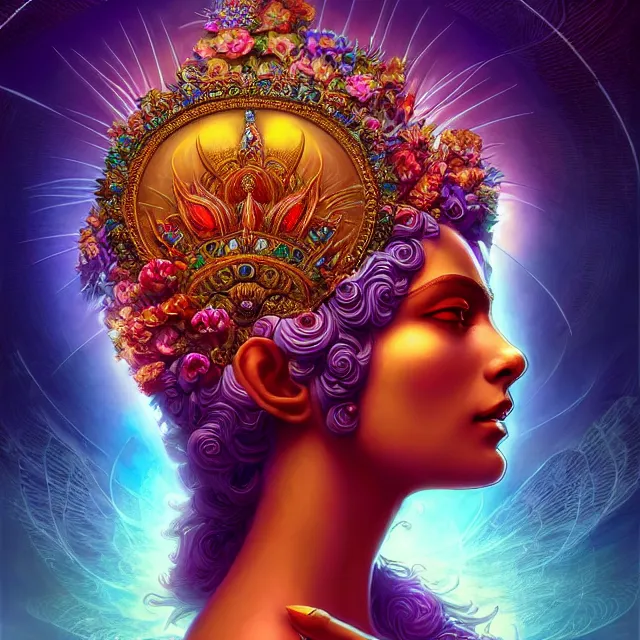 Prompt: Beautiful 3d render of the flower queen goddess in a sensual pose, centered, symmetry, with the third eye on her forehead, painted, intricate, volumetric lighting, beautiful, rich deep colours masterpiece, sharp focus, ultra detailed, in the style of Dan Mumford and marc simonetti, with a clear crowded futuristic cyberpunk dubai city in the background, astrophotography