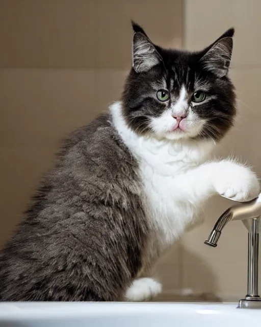 Image similar to Wide view of a Fluffy cat drinking water from a bathroom sink