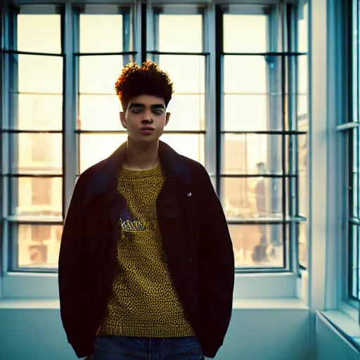 Image similar to un ultra high definition studio quality photograph of a young man standing in a unique london studio environment wearing all eclectic clothes whilst watching the sun rising through a large window. wide angle. three point light. extremely detailed. golden hour, golden ratio, ray tracing, volumetric light, shallow depth of field.