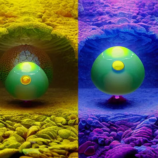 Image similar to psychedlic numerical realistic sea cone angler eggs apple spore , by Dan Witz and Mike Winkelmann and Jarosław Jaśnikowski , #macro , Global Illumination , storybook illustration