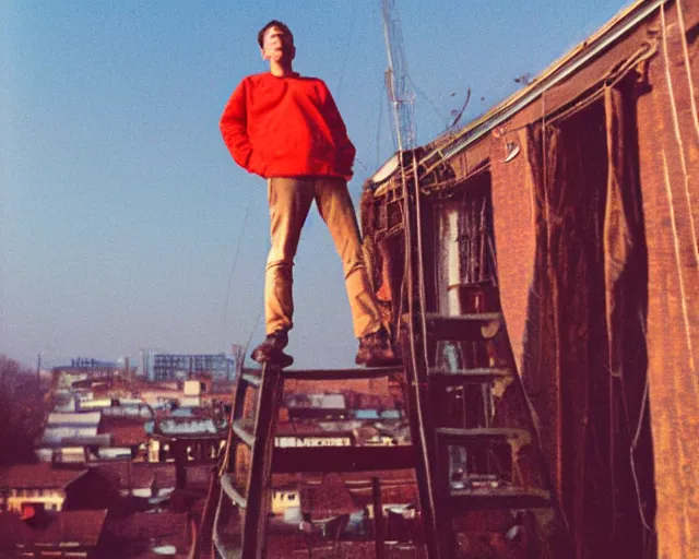 Image similar to lomo photo of man standing on the roof of soviet hrushevka, small town, cinestill, bokeh, out of focus