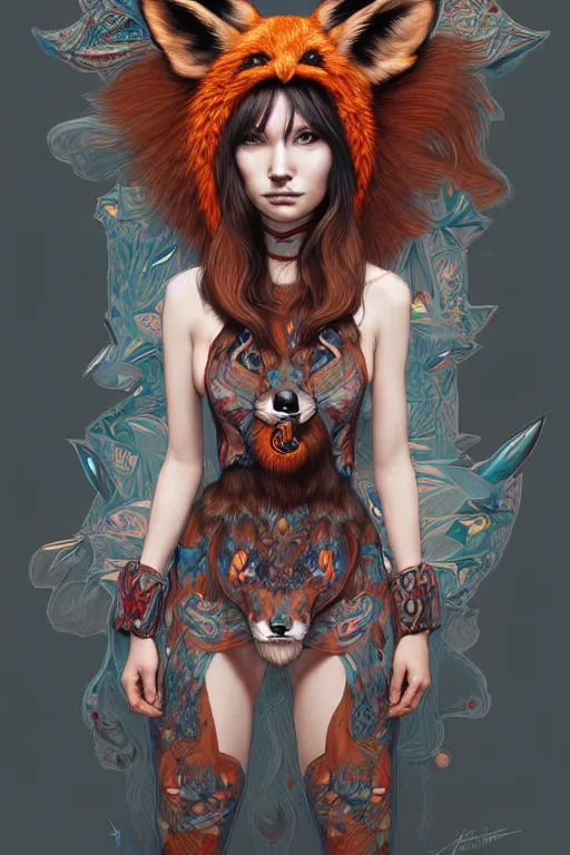 Image similar to digital art, centered full body girl with fox headdress ,intricate, veins, by James Jean and by artgerm , by ross tran, ultradetailed, charachter design, concept art, trending on artstation,