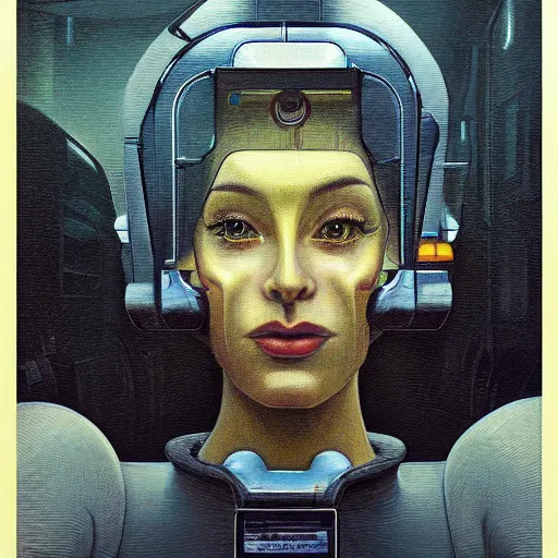 Image similar to detailed face of a synthetic human, clockwork woman, moment, tectonic sky, skydome, bullet train, tech noir, wet reflections, prism, atmospheric, ambient, pj crook, syd mead, livia prima, greg rutkowski, edward hopper