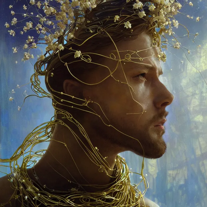 Image similar to hyperrealist portrait of a 2 0 4 4 space sport ironman, it is decorated with long gold wires and white flowers that fall like vines and wears a huge computer crown. by jeremy mann and alphonse mucha, fantasy art, photo realistic, dynamic lighting, artstation, poster, volumetric lighting, dramatic light, very detailed faces, 8 k, award winning