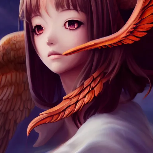 Image similar to an oil painting of a beautiful anime girl with angel wings, by artgerm, hd, hdr, ue 5, ue 6, unreal engine 5, cinematic 4 k wallpaper, 8 k, ultra detailed, high resolution, artstation, award winning