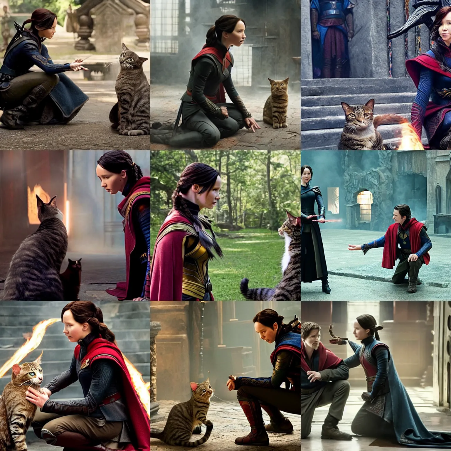 Prompt: ( katniss everdeen ) as the ancient one, kneeling, petting a cat, film still from'doctor strange'