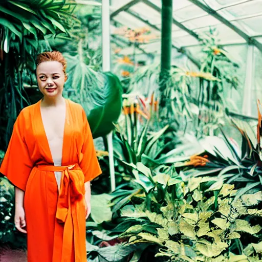 Prompt: A young beautiful woman wearing a orange kimono, in a tropical greenhouse, Nikon 50mm lens, 35mm flim, bokeh, graflex