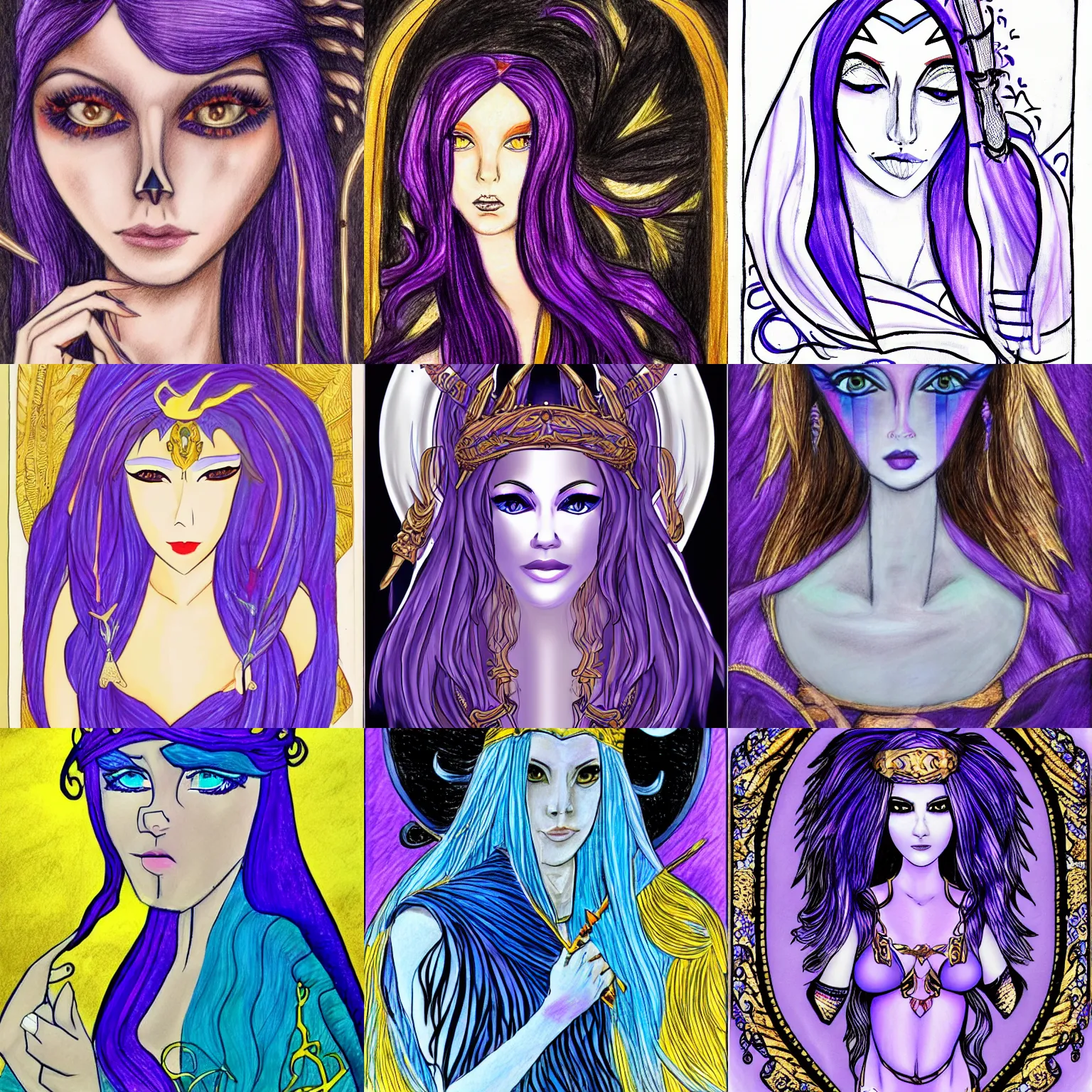 Prompt: expert drawing of a sorceress with a pretty face, purple eyes, golden eyelashes, long blue hair -s 150