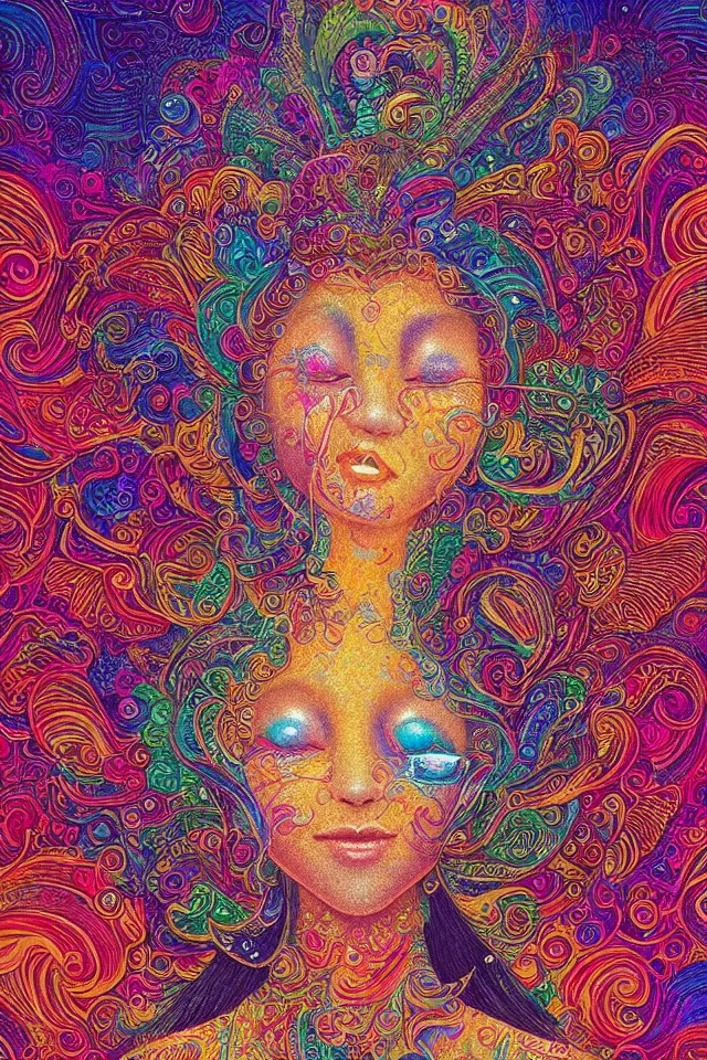 Image similar to a happy beautiful wise spirit goddess in the shape of a heart, meditation, 3 2 k resolution, good vibes, perfect lighting, billions of details, pointillism, fabric embroidery, stunning artwork, android jones, trending on artstation, award winner