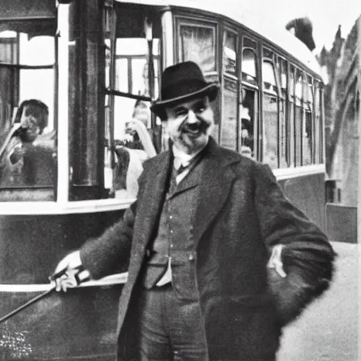 Image similar to gaudi stopping a tram with one hand while smiling