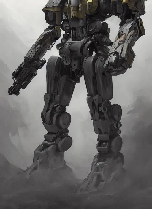 Prompt: full body shot of a mech soldier holstering his rifle, Art Station, cinematic, concept art, 8k, Pinterest, cgsociety, hyper detailed, ultra realistic, illustration, epic, high resolution, post processing, high quality, sci fi, robot, sharp, 4k UHD, realistic, intricate, menacing, masterpiece, Deviant Art, Trending on Artstation, Unreal Engine 4k, award winning art, metallic, ray tracing, art by Yi Yang artstation + StTheo + Alan Van Ryzin,