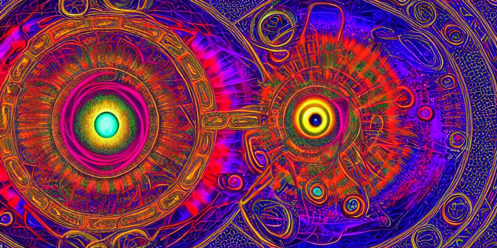 Prompt: dmt spirits, eye of horace, sacred non - euclidean space, time elves, psychedelic architecture, soul frequency, 8 k resolution, highly detailed,