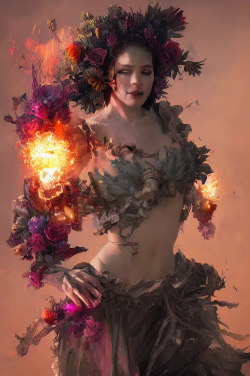 Image similar to beautiful girl necromancer, witch - doctor exploding into flowers, angels, 3 d render, hyper - realistic detailed portrait, holding fire and electricity rainbow, ruan jia, wlop. scifi, fantasy, magic the gathering, hyper detailed, octane render, concept art, peter mohrbacher