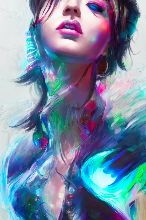 Image similar to chromatic goddess of colors, d & d, full body portrait, mixed media, seductive look, chromatic aberration, hyper realistic, highly detailed, headshot, digital painting, trending on artstation, concept art, sharp focus, illustration, art by wlop and artgerm and greg rutkowski and ayami kojima