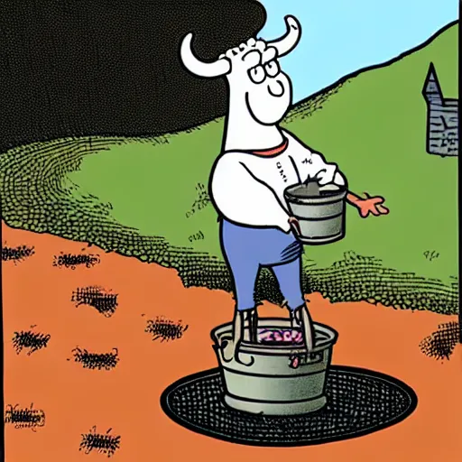 Image similar to a cow points at a bucket, illustrated by gary larson