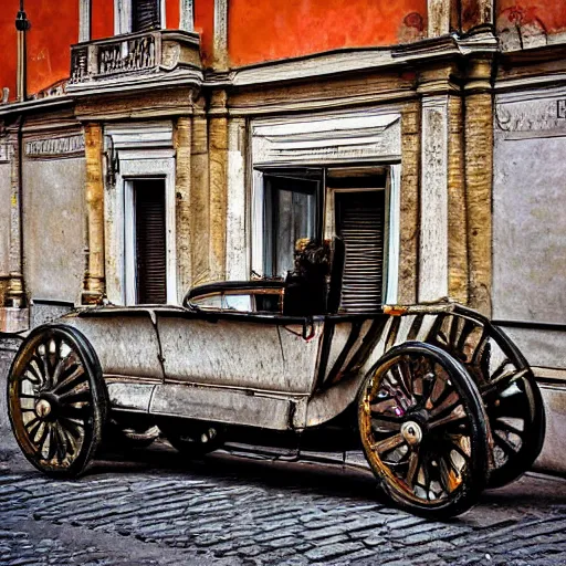 Image similar to a 1 9 th century car part in the middle of a street in rome all the people there as surprised and looking at the car great photography digital art