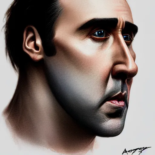 Image similar to upper body portrait of nicolas cage as superman, intricate, elegant, highly detailed, digital painting, artstation, concept art, smooth, sharp focus, illustration, art by artgerm and greg rutkowski and alphonse mucha, award winning, 8 k