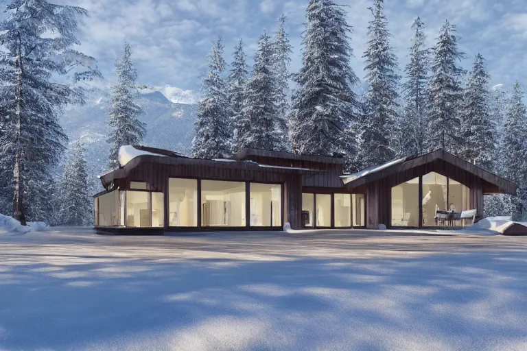 Image similar to modern modern fachwerk house with in the forest on the foot of Elbrus mountain covered by snow on the background, architecture, 3d render 8k , high details