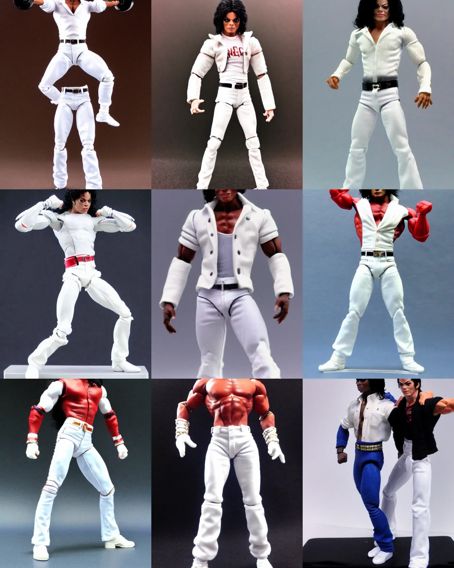 Prompt: michael jackson muscular powerlifter by neca!!! pretty! beautiful! muscular white pants very detailed realistic action figure by neca close up mid body in the style of neca, character by neca, film still, bokehs