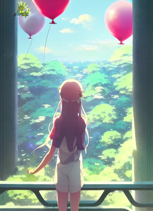 Image similar to girl stand in the a balcony where plants and flowers all around, she is watching a lot of balloons flying over, epic perspective, illustration concept art anime key visual trending pixiv fanbox by wlop and greg rutkowski and makoto shinkai and studio ghibli