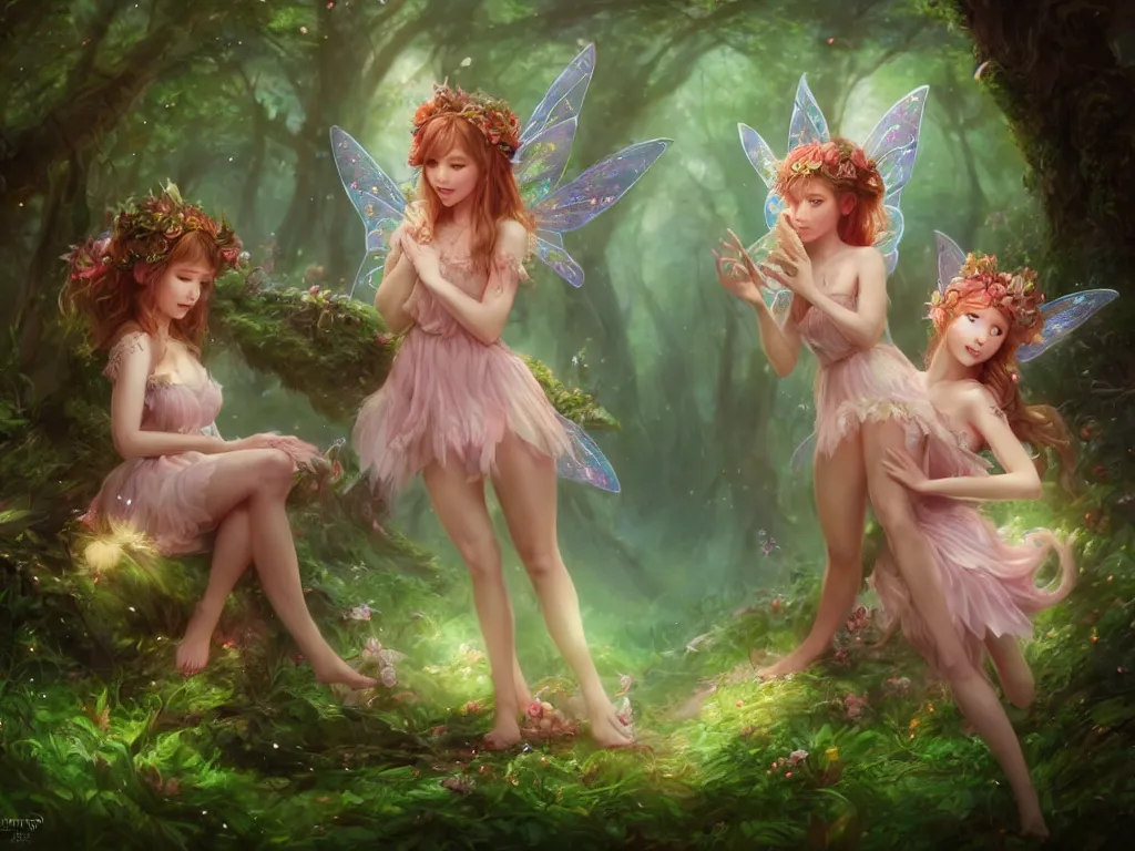 Image similar to two cute fairy in the dreamy forest, fantasy, dreamlike, 8 k resolution, hyper detailed, d & d, character design, digital painting, trending on artstation, sharp focus, illustration, art by artgerm, viktoria gavrilenko, hoang lap, fuji choko, steve zheng