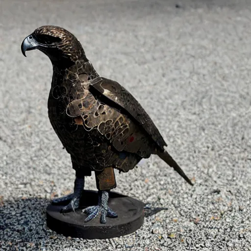 Image similar to A hawk model built from scrap metal, standing on asphalt, detailed close up photograph