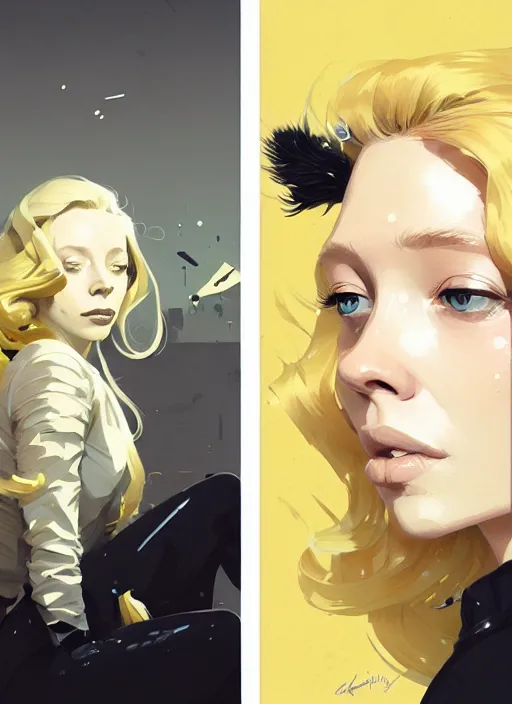 Image similar to highly detailed closeup portrait of beautiful portia doubleday, blonde wavy hair, angela moss, white suit by atey ghailan, by greg rutkowski, by greg tocchini, by james gilleard, by joe fenton, by kaethe butcher, gradient yellow, black and white color scheme, grunge aesthetic!!! ( ( graffiti tag wall background ) )