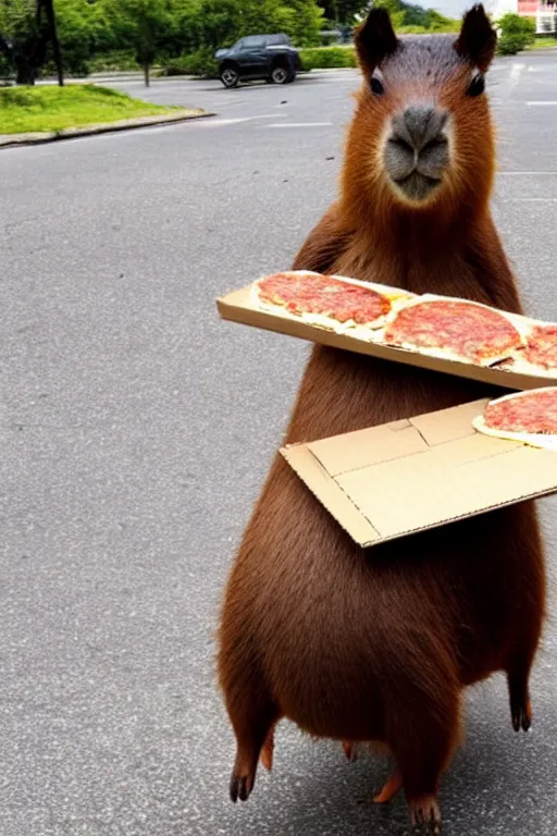Image similar to a cute Capybara delivering pizza
