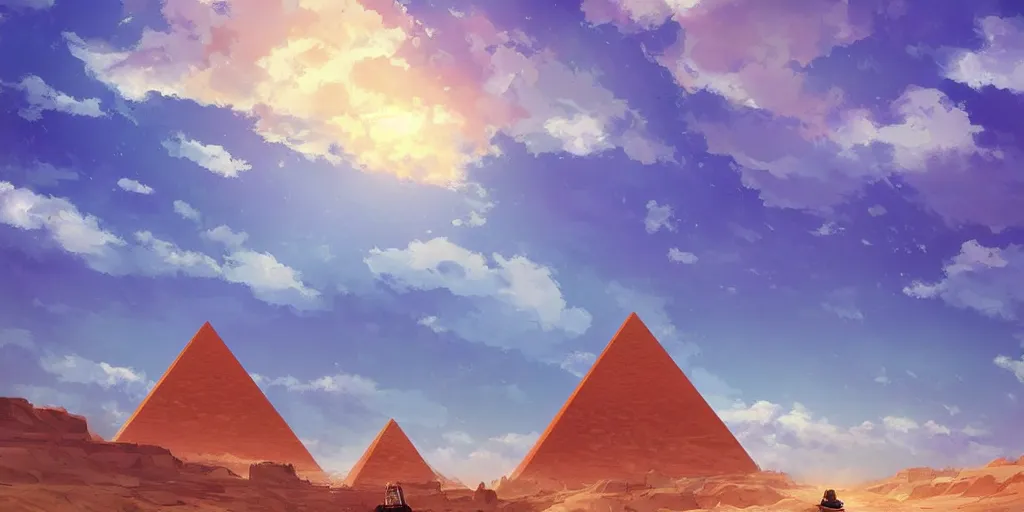 Prompt: a stunning desert landscape with one pyramid by makoto shinkai