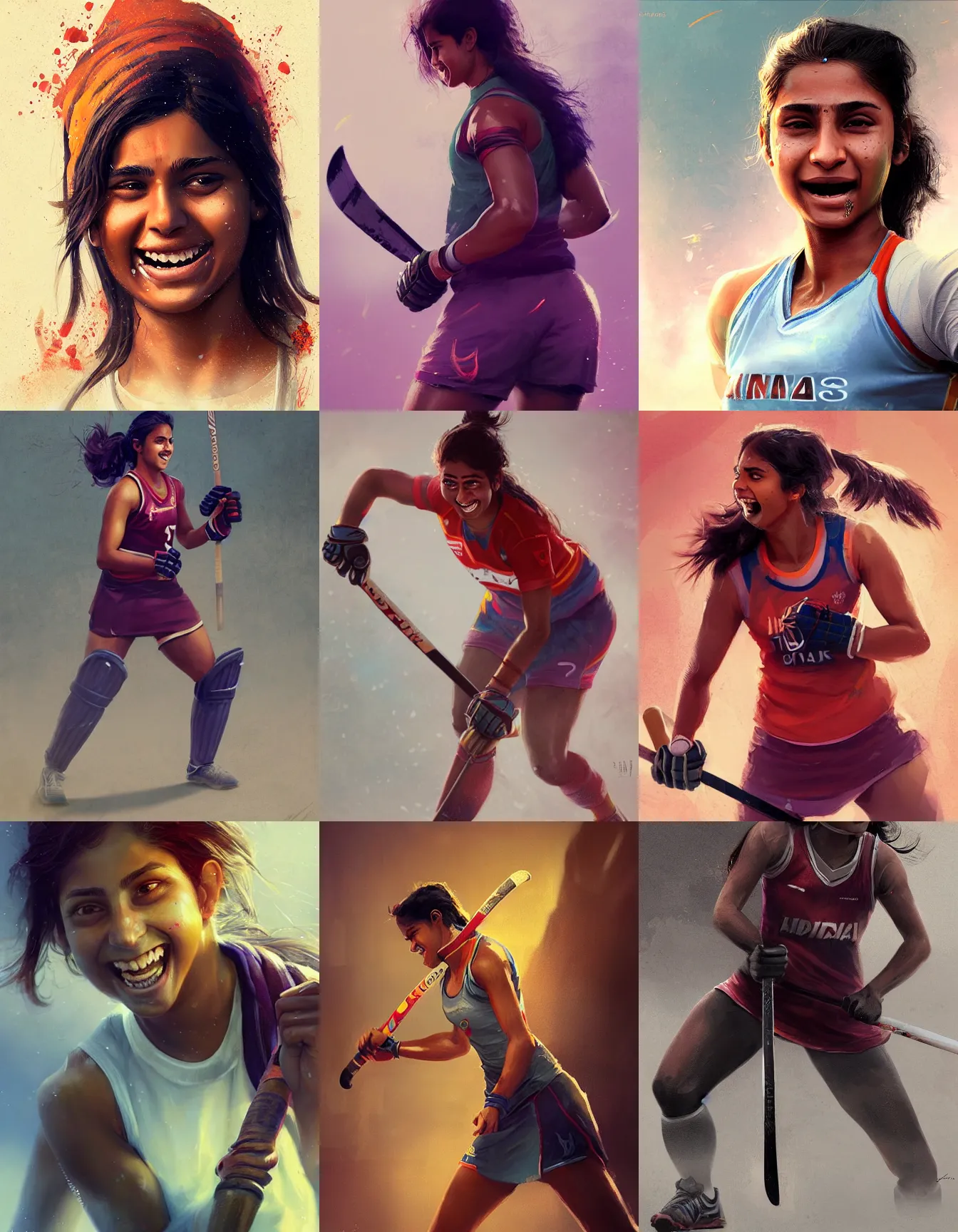 Prompt: young indian woman hockey player, strong, muscular, laughing, digital portrait by greg rutkowski, intricate, soft focus, highly detailed, cinematic, epic, artstation