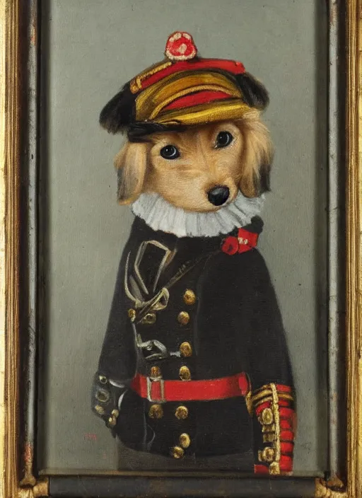 Prompt: an oil portrait of a little dog dressed as a 1 9 th century german general