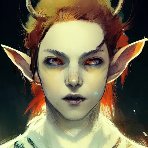 Image similar to portrait of a Short elf with grey skin, orange/red hair, elf ears, their eyes are completely yellow, they have deer like legs, and they are both masc and femme equally dramatic lighting, illustration by Greg rutkowski, yoji shinkawa, 4k, digital art, concept art, trending on artstation