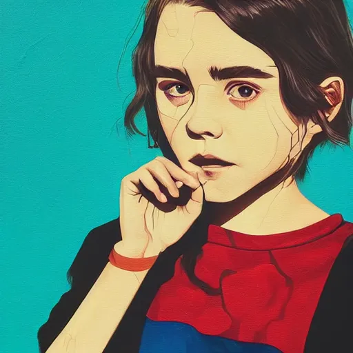 Prompt: Kiernan Shipka picture by Sachin Teng, asymmetrical, dark vibes, Realistic Painting , Organic painting, Matte Painting, geometric shapes, hard edges, graffiti, street art:2 by Sachin Teng:4