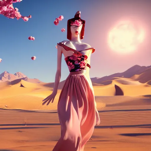 Prompt: innovative avant-garde art, deco fashion, japanese women, cherry blossom theme, highly detailed, photorealistic portrait, serene desert setting, golden hour, crisp quality and light reflections, unreal engine 5 quality render