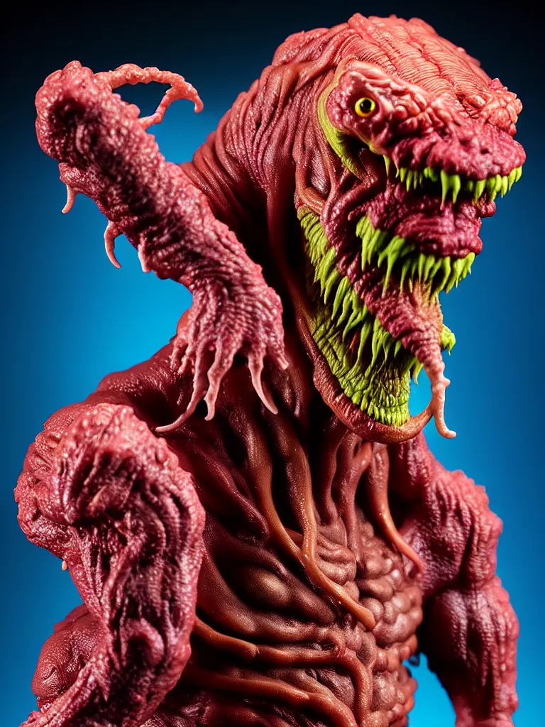 Image similar to hyperrealistic rendering, fat smooth cronenberg flesh monster predator by bernie wrightson and killian eng and joe fenton, product photography, action figure, sofubi, studio lighting, colored gels, colored background