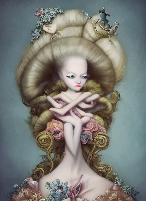 Prompt: pop surrealism, lowbrow art, realistic marie antoinette painting, japanese street fashion, hyper realism, muted colours, rococo, natalie shau, loreta lux, tom bagshaw, mark ryden, trevor brown style,