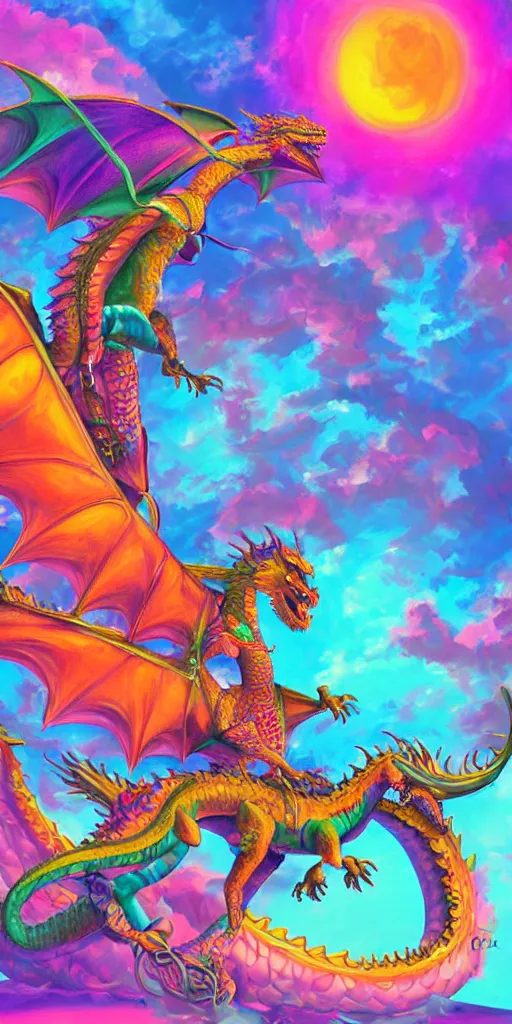 Prompt: teenage girl riding a dragon, digital art, highly detailed, smooth, lisa frank, digital painting, bright