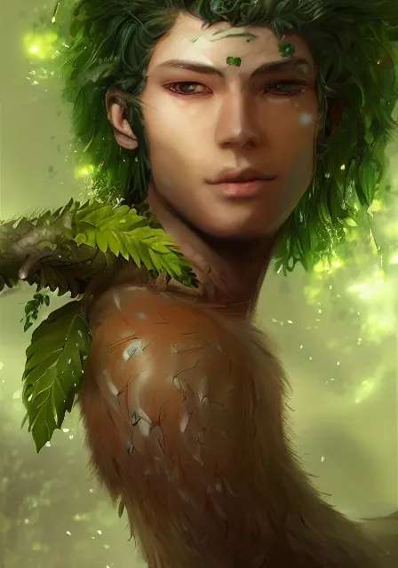 Image similar to A realistic anime portrait of a handsome dryad with glowing green eyes and tree bark skin wearing clothes made of leaves, digital painting, by Stanley Artgerm Lau, Sakimichan, WLOP and Rossdraws, digtial painting, trending on ArtStation, SFW version