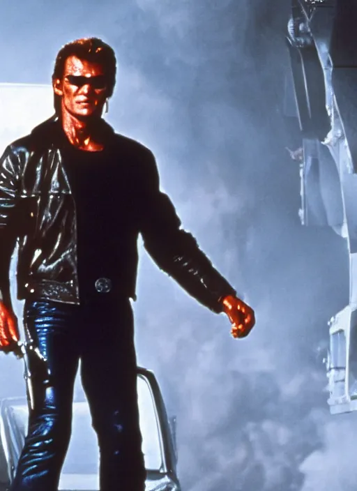 Prompt: film still of Patrick Swayze as The Terminator in Terminator, 4k