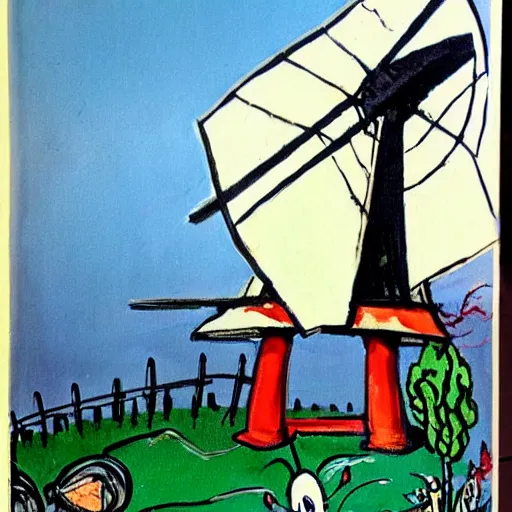 Prompt: painting of a windmill by dr seuss | horror themed | creepy